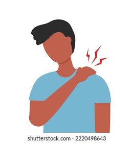 Man has neck and shoulder pain symptom in flat design on white background. Bone or muscle problem. Office syndrome.