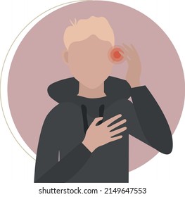 Un hombre tiene dolor de oído. El hombre se tocó la cabeza y tuvo dolor. Hombre con capucha negra con dolor de oído o de cabeza