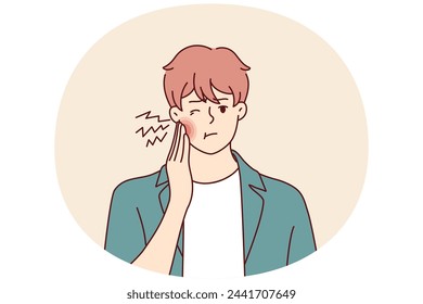 Man has pain in teeth and puts hand on red cheek due to caries or inflammation of nerves in gums. Suffering guy needs to go to dentist or orthodontist for filling or prosthesis. Flat vector design