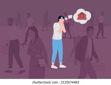 Man Has Panic Attack In Crowd Flat Color Vector Illustration. Anxiety Disorder. Mental Health. Man Experiences Fear And Stress 2D Simple Cartoon Characters With Strangers On Background