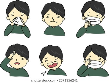 A man has pollen allergy or cold. Some illness. fever, cough, sneeze, itchy eyes and running nose.