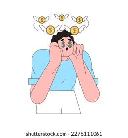 Man has problem with budget, credit card balance and lack of money. Character in panic think how to increase income and where to find, earn, collect necessary sum of money and avoid credit fees. 