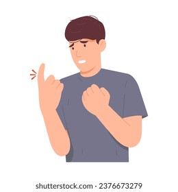 Man has a problem with his hand. Feeling of numbness in the trigger finger. Finger stuck from working at computer office syndrome. Flat vector illustration