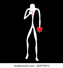 The man has pulled out the heart itself.
Gift on Valentine's Day.
Cartoon. Flat. Stylization. Avant-gardism.
Gray-white-red range.