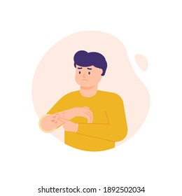 a man has a rash on the hands and itching on the hands, developing red patches. illustration of a person scratching his arm. the expression on the face of an uncomfortable person. flat style. vector