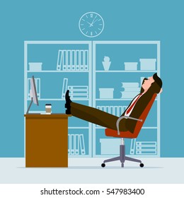 El hombre descansa en un lugar de trabajo. Ilustración vectorial de estilo plano.