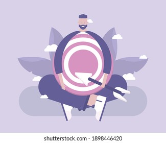 Un hombre se ha fijado un objetivo que alcanzar. Ilustración vectorial para teletrabajo, trabajo a distancia, medios sociales, negocios, finanzas y puesta en marcha
