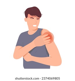 Man has shoulder pain from inflammation. Male feels pain in his arm after exercising. Hand drawn vector character illustration. Isolated on white background.