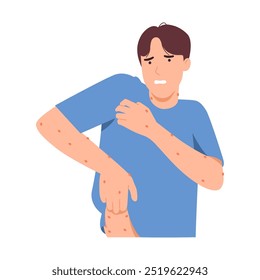 Man has skin problem with rash on his body, suffering from blister disease, itchy allergies all over his body, isolated vector illustration on white background.