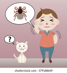 man has skin rash from cat flea cartoon vector