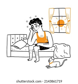 El hombre tiene problemas de sueño, enfermedad congénita, insomnio, no se refresca por la mañana. Estilo de doodle de ilustración de vector dibujado a mano.