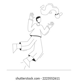 A man has spilled coffee and is levitating in the air above the floor. Metaphorical concept. concept of failure. Vector illustration in outline style.