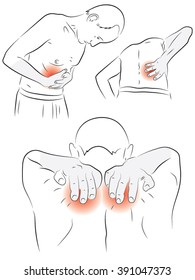 a man has a stomach ache, back, waist, kidneys, shoulders, himself doing massage