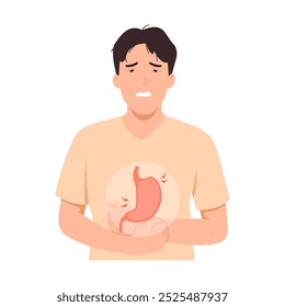 O homem tem problema de ácido estomacal, gastrite. Infecção bacteriana intestinal. Ilustração de vetor plano sobre fundo branco