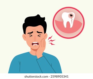 Man has toothache and is holding his cheek in pain illustration