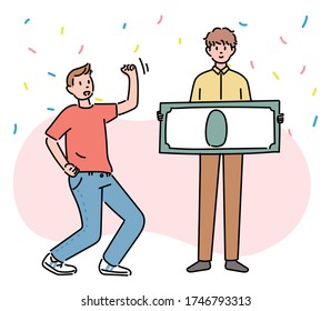 A man has won the event and is holding a large gift certificate. A friend is celebrating. hand drawn style vector design illustrations. 