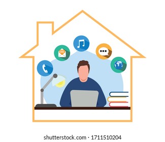 Man has working from home protect virus coronavirus concept flatdesign.