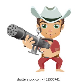 The man in the hat armed with a firearm isolated on white background. Vector cartoon close-up illustration.