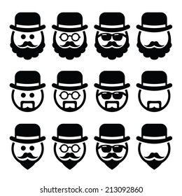 Man in hat with beard and glasses icons set   