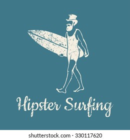 A man in a hat with a beard and mustache brings a surfboard