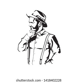 Man with hat, beard and suspender stay and thinking, vector illustration isolated on white background