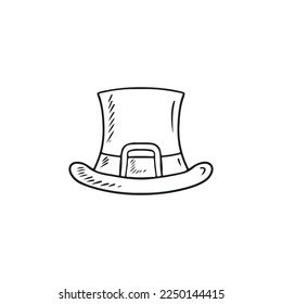 Man hat with belt and buckle in black isolated on white background. Hand drawn vector sketch illustration in doodle engraved vintage outline style. Saint PAtrick's day, lucky, costume, style, holiday