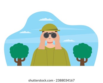 The man in the hat is binoculars looking long distance in the forest, hunting wild birds. Character design. Vector flat illustration