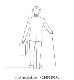 Man in a hat, with cane and suitcase leaves. Travel concept. Hand drawn vector illustration. Black and white.