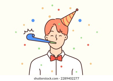 Man in hat celebrates friend anniversary or birthday standing among confetti and using tongue-whistle. Office worker in white shirt celebrating birthday or participating in Christmas party svg