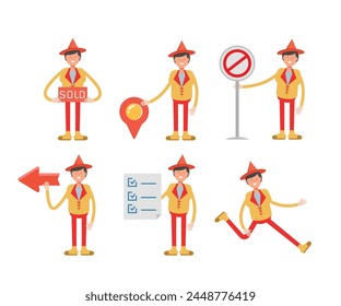 man with hat character in different poses set vector illustration