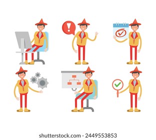 man with hat character in different poses set vector illustration