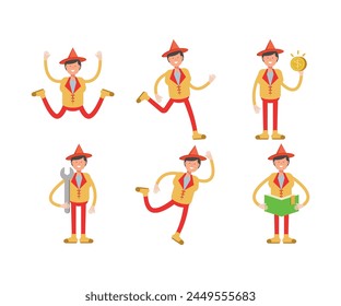 man with hat character in different poses set vector illustration