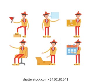 man with hat character in different poses set vector illustration