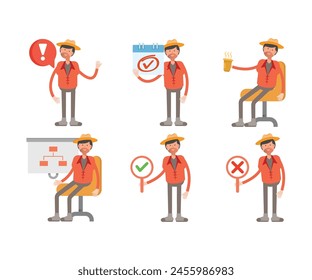 man with hat characters set in various poses vector illustration