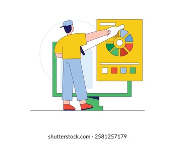 Man in hat choosing color, designer freelancer studio. Character design. Vector flat illustration