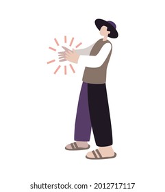 The man in the hat claps his hands. Vector illustration. Mexican farmer. Spectator, confirmation of success. Emotions of experience.