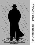 Man in hat and cloak standing in the night rain. Vector illustration.