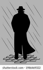 Hombre con sombrero y manto de pie en la lluvia nocturna. Ilustración vectorial.