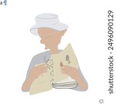 The man in the hat clutched a book to his chest. He is studying. Not young. Glasses on a big nose.