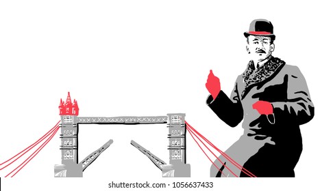 Man in hat and coat with bridge. Vector sketch