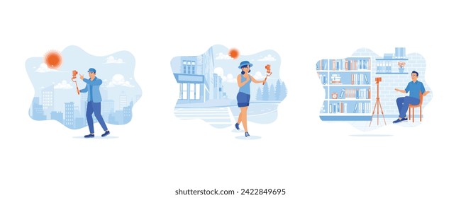 Man in hat creates video content using a modern camera. A young woman in a hat creates content outdoors.  Content Creator. set flat vector modern illustration 