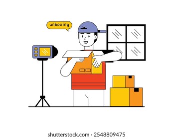 man in hat creating product unboxing content, influencer. Character design. Vector flat illustration