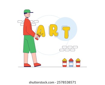 A man in a hat is drawing on a wall, illegal mural art. Character design. Vector flat illustration