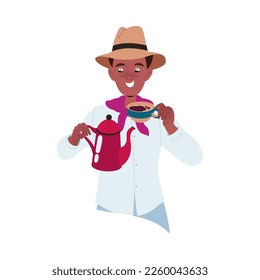 Hombre en Sombrero Beber Café Aromático Caliente Ilustración vectorial