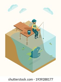 A man in a hat with a fishing rod is sitting on the pier. Fisherman. Isometric. Vector illustration.