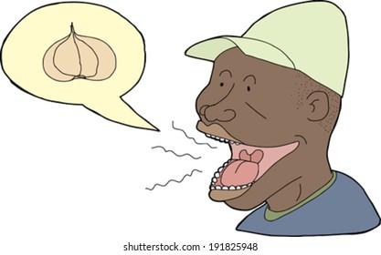 Man in hat with garlic breath on white background
