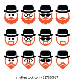 Man in hat with ginger beard and glasses icons set 