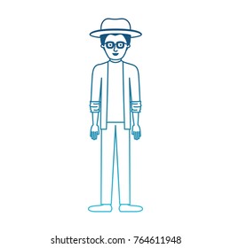 man with hat and glasses and jacket and pants and shoes with short hair in degraded blue silhouette