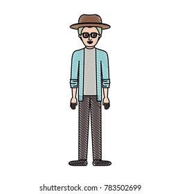 man with hat and glasses and jacket and pants and shoes with short hair in colored crayon silhouette