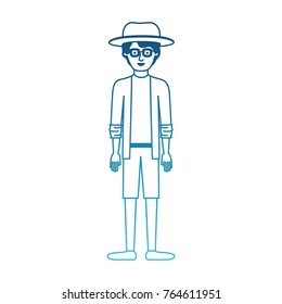 man with hat and glasses and shirt with jacket and short pants and shoes with short wavy hair in degraded blue silhouette